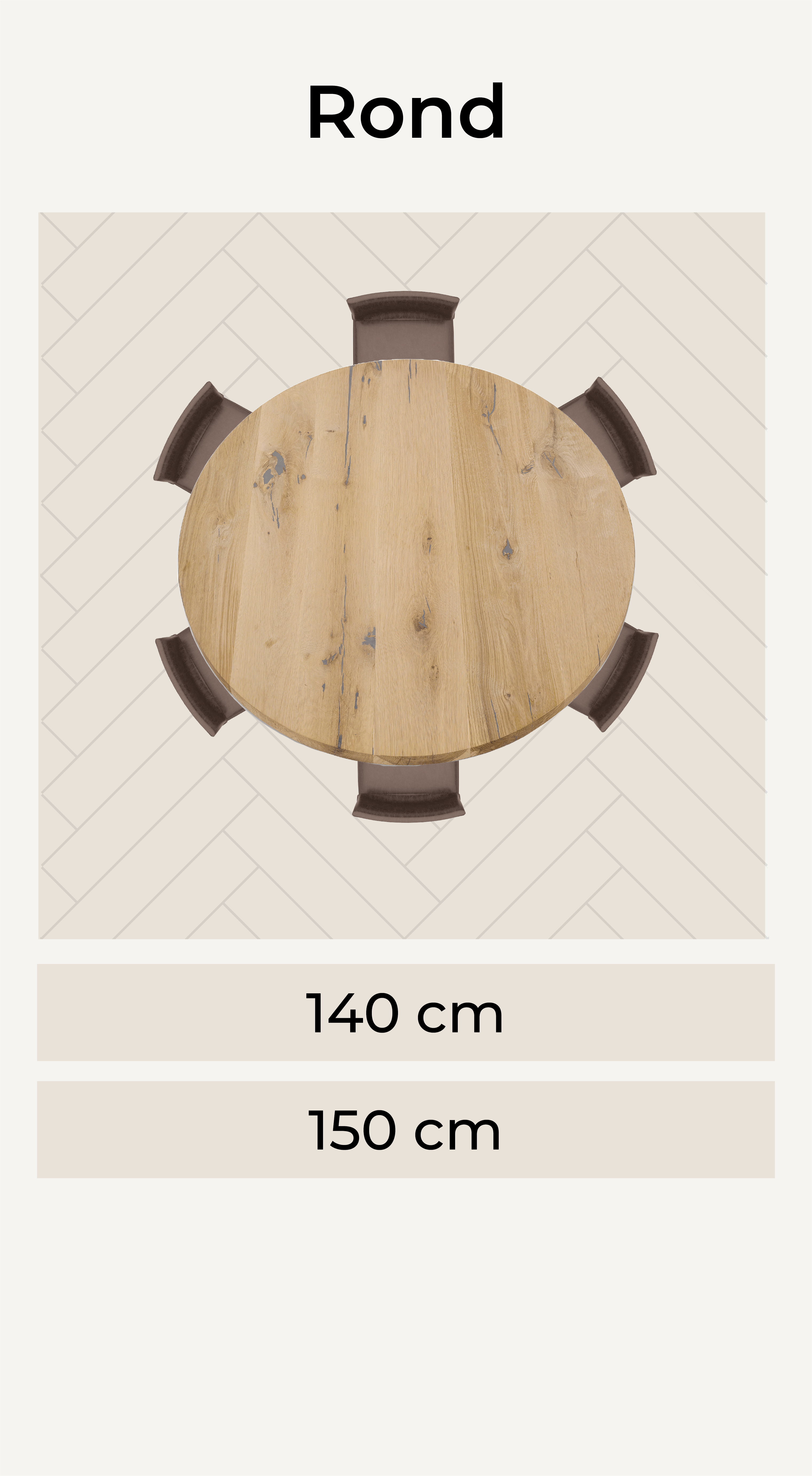 Visuele weergave ronde eettafel 6 personen met afmetingen eronder van De Tafelboerderij