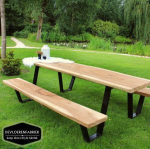 Een picknicktafel van suar hout die gemaakt is door De Tafelboerderij midden in een park