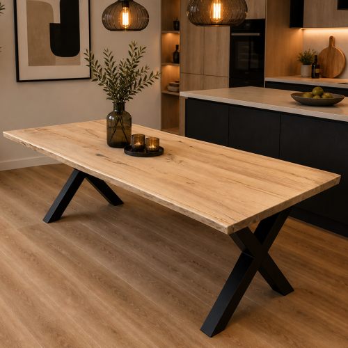 Eiken boomstamtafel met X poten