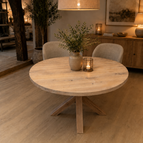 Ronde massief eiken tafel met massief eiken matrix tafelpoot