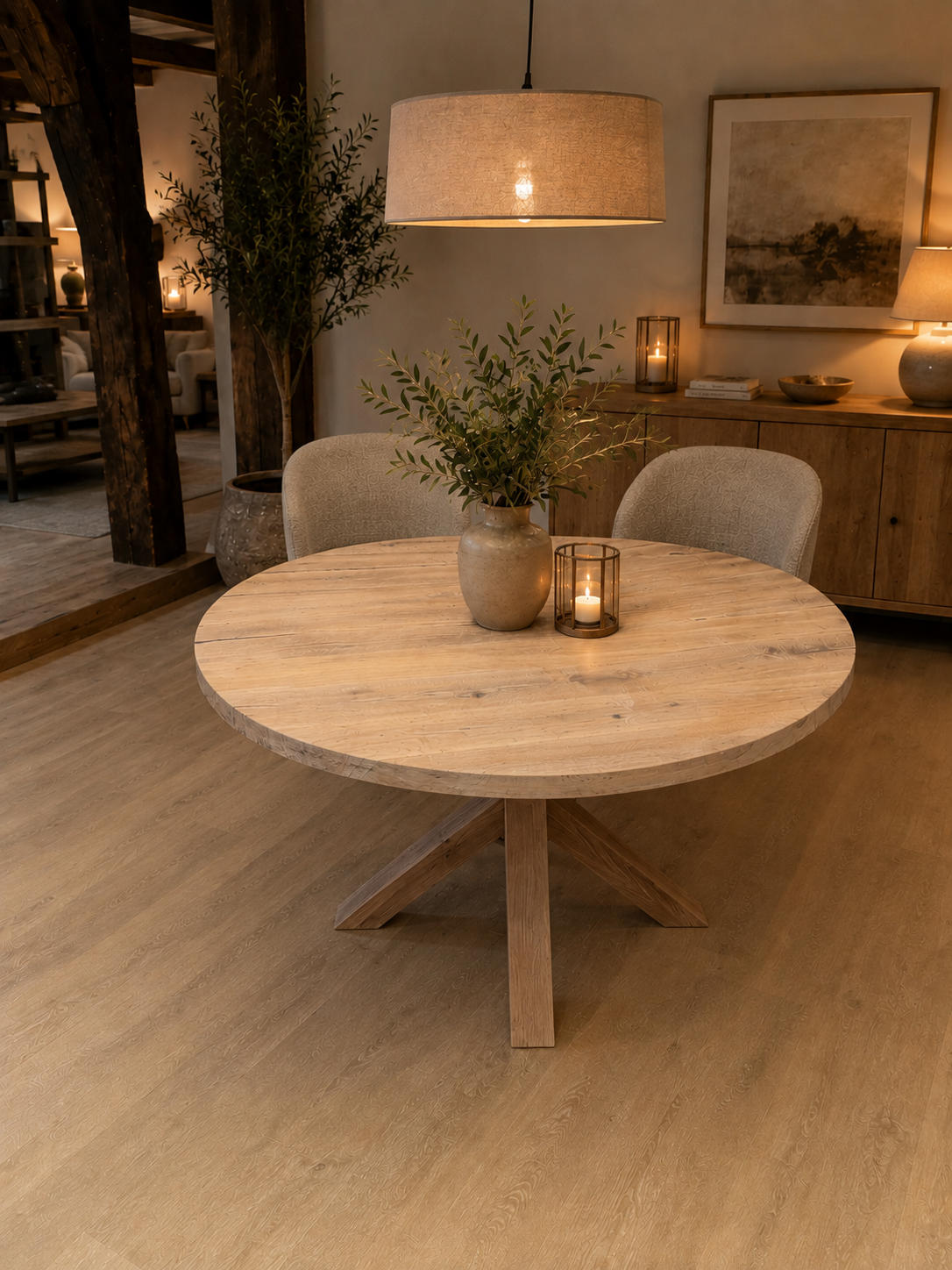 Ronde massief eiken tafel met massief eiken matrix tafelpoot