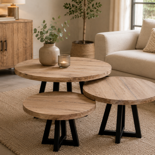Eiken ronde salontafel set Ivo (set van 3)