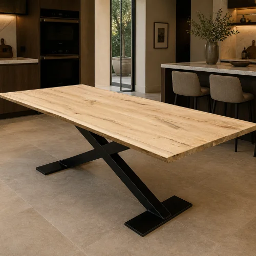 Eiken boomstamtafel met midden X tafelpoot